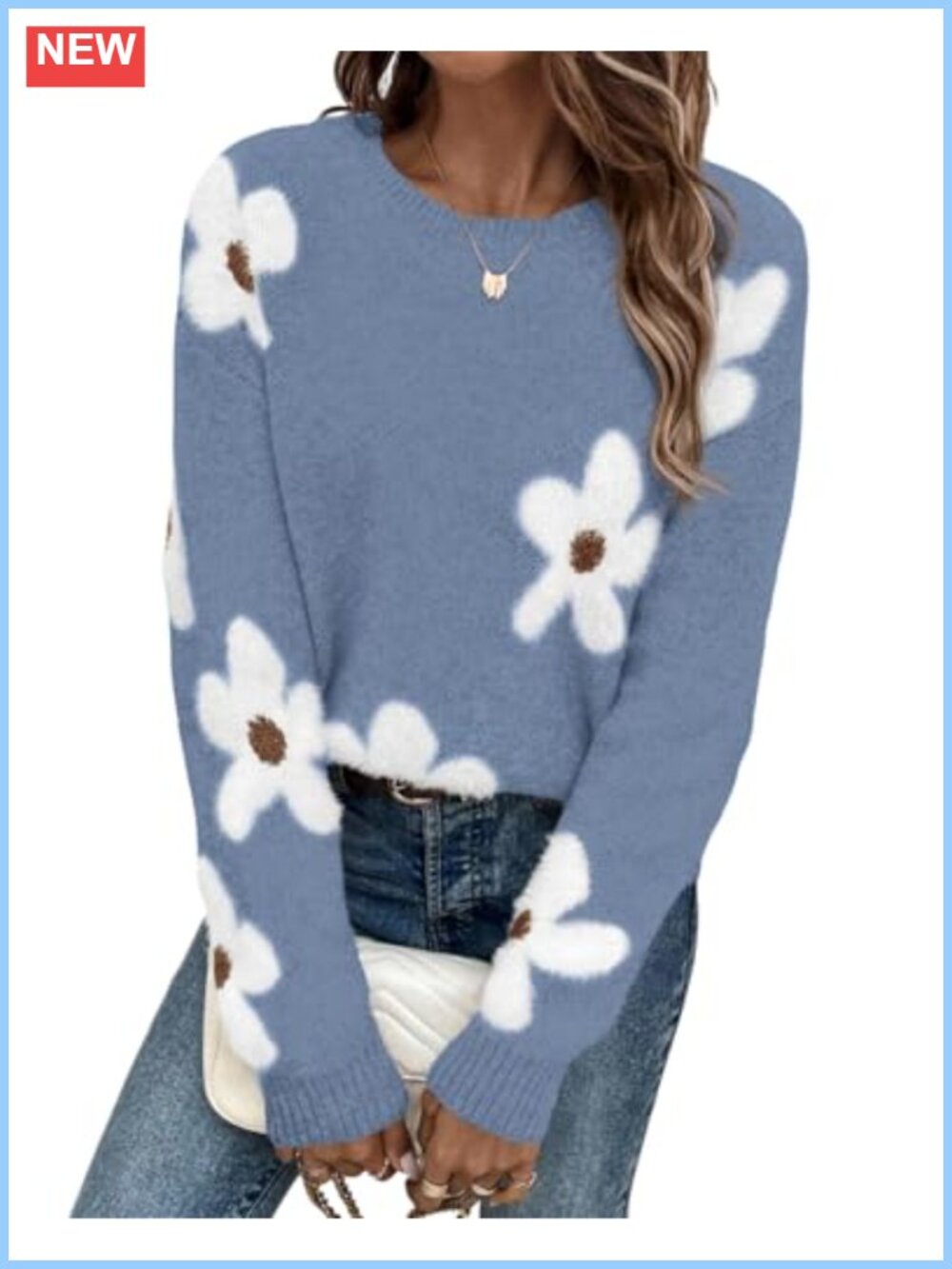 Womens Chunky Knit Floral Crew Neck Long Sleeve Pullover Sweater